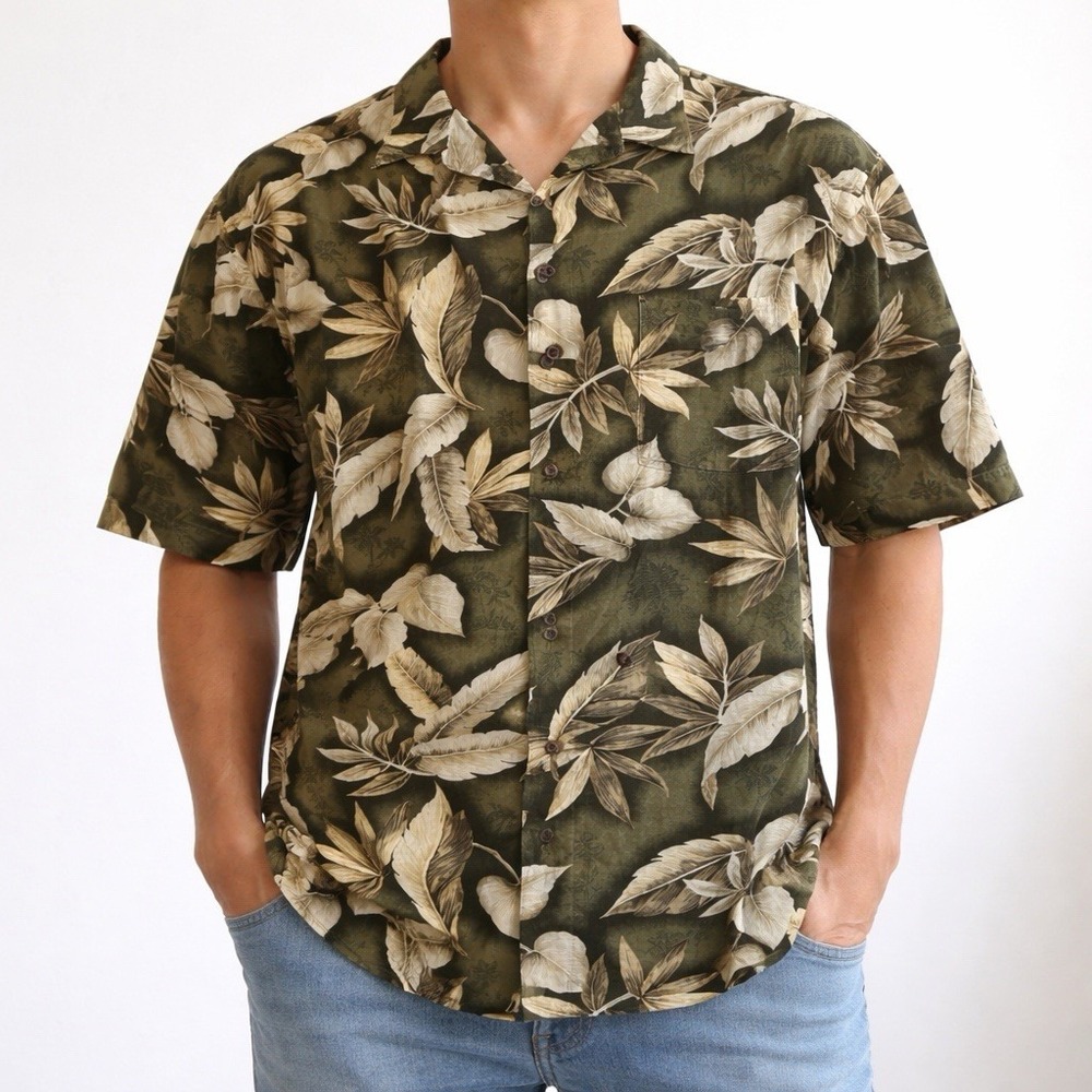 Young USA Hawaiian Shirt Mens 2XL Green Tropical Floral Button Up Camp Beach